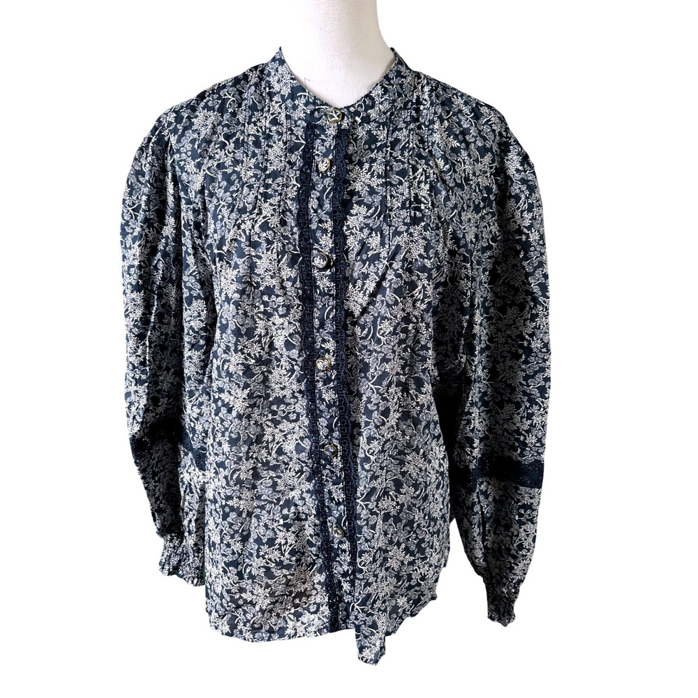 Ophelia Roe Blouse Women 3X Navy Blue Floral Lace Trim Long Sleeve Cotton Top